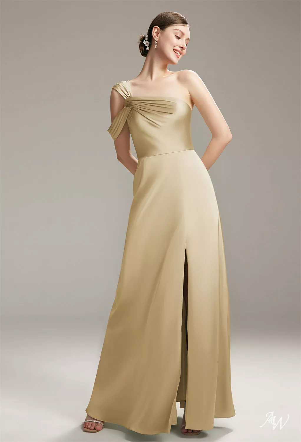 AW Natalia Dress, Taupe Satin Charmeuse Floor Length One Shoulder